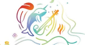 A colourful graphic including a feather, narwhal, stringed instrument and flames